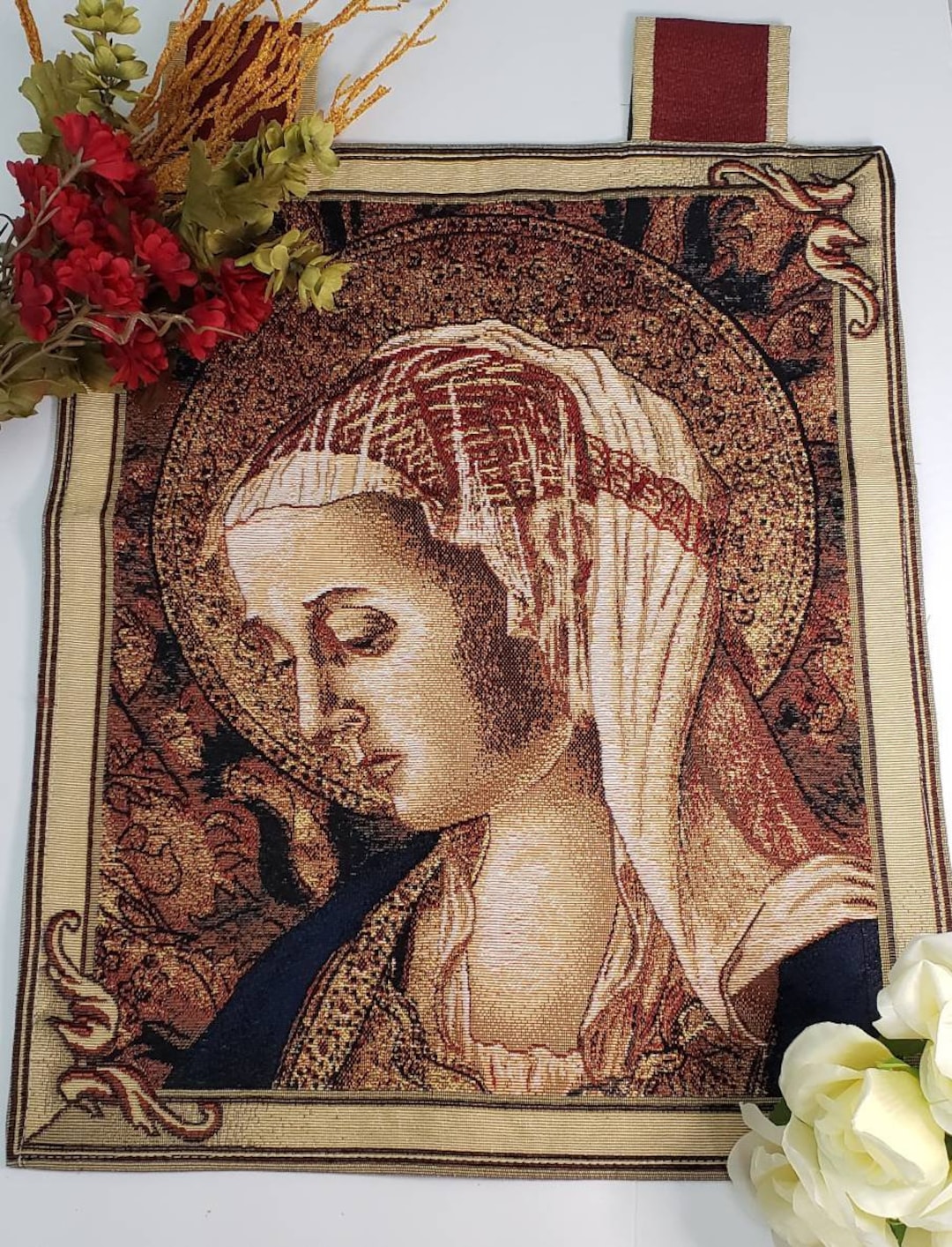 【専用】vintage the Virgin Mary tapestry Beautiful Vintage Hand Stitched Needlepoint Tapestry in a