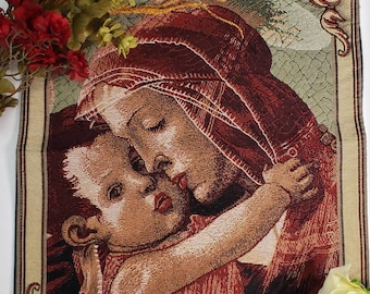 Madonna and Child Woven Jacquard Style Religious Tapestry