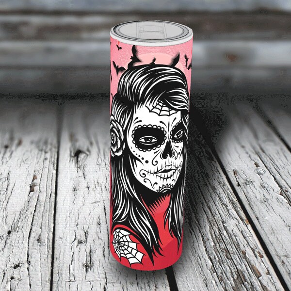 Sugar Skull Bats Tumbler | Halloween Tumbler | Day of the Dead Tumbler | Bruja Skinny Tumbler | Stainless Steel Tumbler | Custom Tumbler