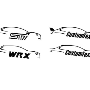 May include: Black and white silhouette of a Subaru WRX and STI car with the text "WRX" and "STI" on the side. The text "CustomText" is also included on the side of the cars.