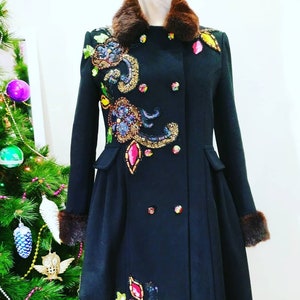 hadmamde embroidery wool black coat with fur and sequins for young girl kids black wool coat petite small winter party coat c