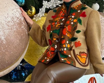 Designer handmade Cottagecore wool bomber jacket designer embroidered vintage bomber is cropped.