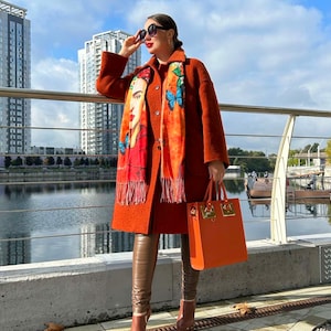 Orange Cottagecore handmade wool maxi, oversized warm long designer terracotta coat