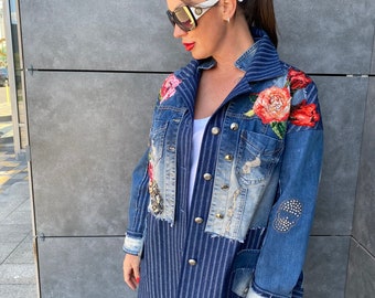 jeans bomber, handmade blazer embroidery, floral appliqué, maxi jacket, casual , designer oversized jeans jacket with skeletons and flowers