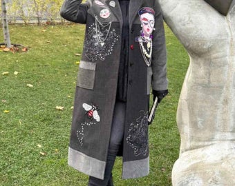 Artistic Statement Coat Handcrafted Appliqué Jacket  Wearable Art Clothing handmade Embroidered Mixed Media Coat Unique Designer Outerwear