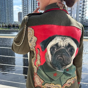 Military khaki jacket, military uniform, handmade bomber, designer bomber, jacket with handmade dog application , cropped oversized blazer