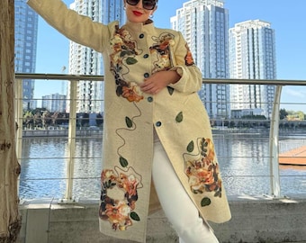Romantic Vintage Embroidered Coat Handmade Floral Coat Elegant Boho Artwear Jacket for Women A one-of-a-kind coat beige embroidery beadwork