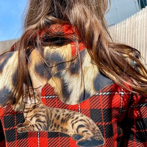 May include: A red and black plaid shirt with a brown and black cat applique. The cat is lying down on the shirt and has a white stripe on its forehead.