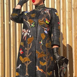 Designer handmade embroidered Chinese Coat ladies black long with handmade embroidery and applications Baroque coat, bohemian dress coat