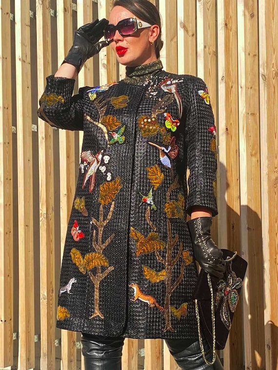 Designer handmade embroidered Chinese Coat ladies Black long with handmade embroidery and applications Baroque coat, bohemian dress Coat