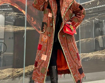 Upcycling designer handmade Oversized long , warm bohemian boho Victorian hippie Cottagecore coat