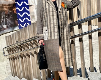 Designer trench coat, gray , handmade cotton casual coat , summer, spring trench coat, embroidered spring cotton coat