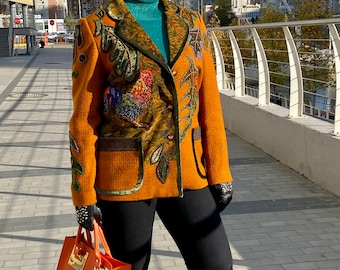 Cottagecore Jaket, Boho bohemian hippy blazer, hand embroidered vintage patchwork bomber with floral print