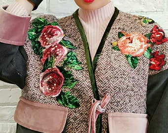 Bolero  cape coat Tweed designer handmade embroidery jacket with roses