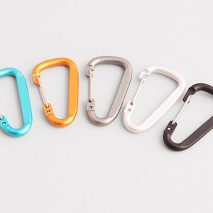 May include: Five coloured carabiner clips in a row: teal, orange, silver, white, and dark brown. The metal clips have a spring-loaded gate for secure closure. Useful for attaching items. Each clip is approximately 8 cm long.