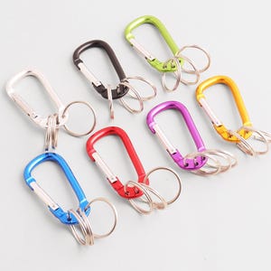 Puede incluir: Colección de llaveros de mosquetón de colores, incluyendo plata, negro, verde, amarillo, morado, rojo y azul. Cada llavero presenta un clip de mosquetón metálico y múltiples anillos para llaves.