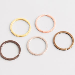 Può includere: Cinque portachiavi in metallo di vari colori: oro, oro rosa, bronzo, argento e marrone scuro. Ogni anello è circolare con una fessura per attaccare le chiavi. I portachiavi sono disposti su una superficie grigio chiaro.