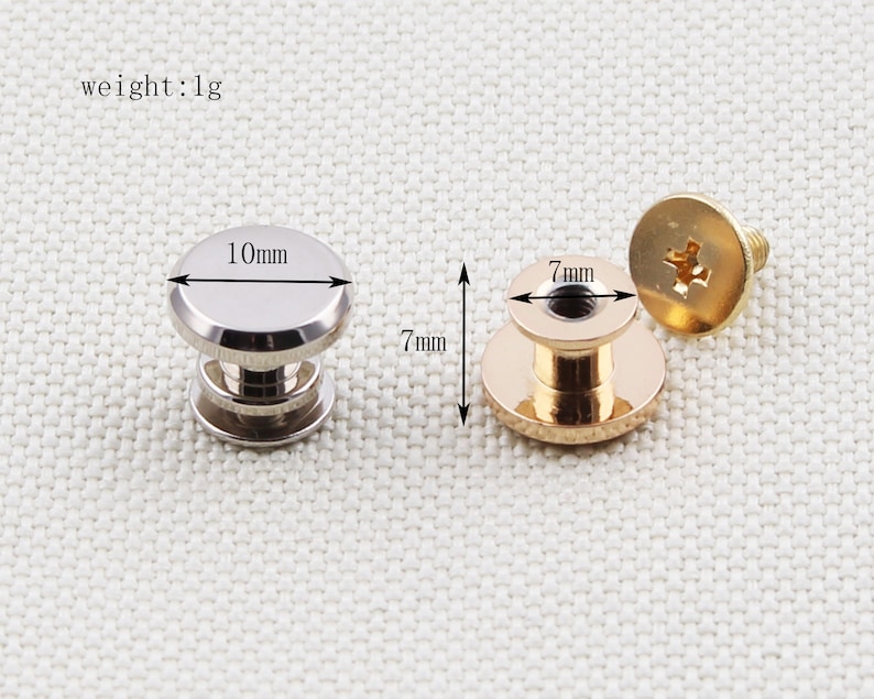 May include: Two metal rivets, one silver and one gold, are displayed. The silver rivet has a 10mm diameter top and is 7mm tall. The gold rivet has a 7mm diameter top and is 7mm tall. The weight is 1g.