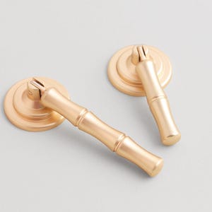 Könnte beinhalten: Zwei goldfarbene Schrankgriffe mit Bambus-Design. Jeder Griff hat eine kreisförmige Basis und einen gebogenen Griff, der einen Hauch von natürlicher Eleganz verleiht. Die Hardware ist aus Metall und hat ein mattes Finish.