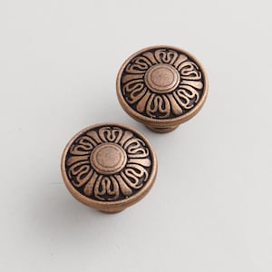 Può includere: Due pomelli per mobili color bronzo con un design floreale. Ogni pomello presenta un cerchio centrale circondato da un motivo a volute dettagliato. I pomelli sono rotondi e hanno un profilo leggermente rialzato.
