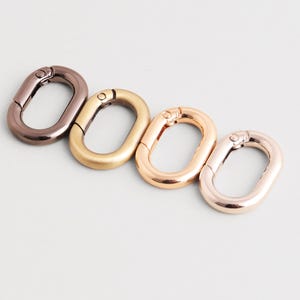 Puede incluir: Cuatro mosquetones metálicos ovalados en varios acabados metálicos: bronce, dorado, oro rosa y oro rosa claro. Cada clip tiene una puerta con resorte para un cierre seguro. Ideal para llaveros, joyas o proyectos de manualidades.