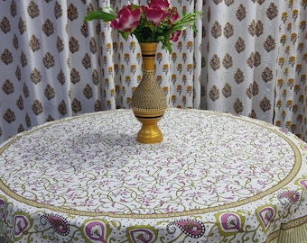 Block Printed Cotton Round Tablecloth: Floral Boho Dining Cover (60 inch)
