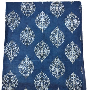 May include: A blue cotton fabric with a white leaf pattern. The fabric has a traditional Indian design.