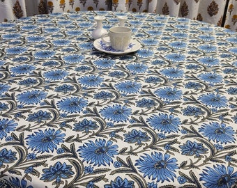 Block Printed Cotton Round Tablecloth: Floral Boho Dining Cover (60 inch)