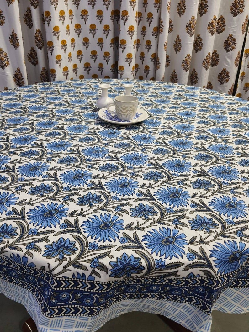 Block Printed Round Tablecloth, Floral Printed Round Tablecloth