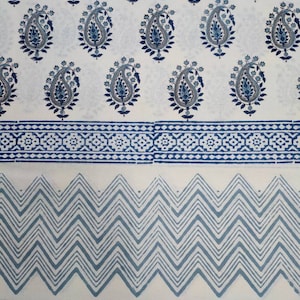 May include: White fabric with a blue paisley pattern, a blue chevron pattern, and two blue borders with geometric designs.