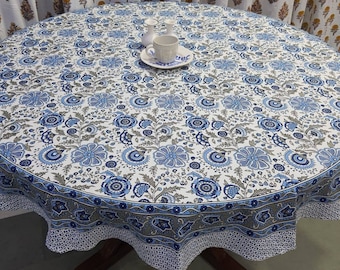 Block Printed Cotton Round Tablecloth: Boho Floral Dining Cover (60 inch)