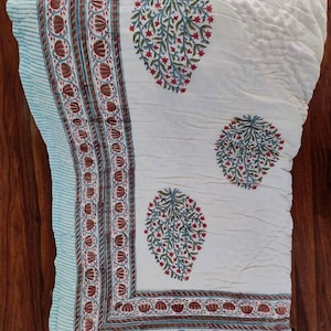 Jaipur Hand Block Print Cotton Quilt: Indian Kantha Rajai Bedding (90x108)