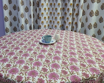 Block Printed Cotton Round Tablecloth: Floral Boho Dining Cover (60 inch)