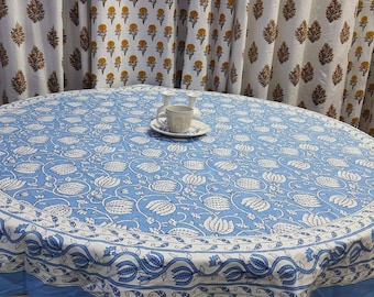 Block Printed Cotton Round Tablecloth: 60" Floral Dining Table Cover