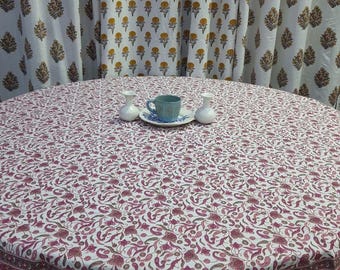 Block Printed Cotton Round Tablecloth: Floral Boho Dining Cover (60 inch)