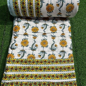 Jaipur Hand Block Print Cotton Quilt: Indian Kantha Rajai Bedding (90x108)