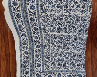 Op de afbeelding: Een witte katoenen stof met een blauw bloemenpatroon. De stof heeft een rand met een herhalend patroon van blauwe lijnen en bloemen.