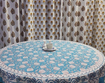 Block Printed Cotton Round Tablecloth: Boho Floral Dining Cover (60 inch)