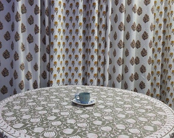 Block Printed Cotton Round Tablecloth: Floral Boho Dining Cover (60 inch)