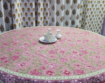 Hand Block Printed Round Tablecloth: Floral Cotton Dining Table Cover (60 inch)