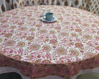 Block Printed Cotton Round Tablecloth: Floral Boho Dining Table Cover (60 inch)
