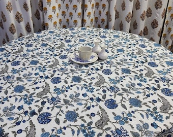 Block Printed Cotton Round Tablecloth: Floral Boho Dining Cover (60 inch)