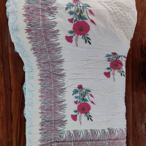 Jaipur Hand Block Print Cotton Quilt: Indian Kantha Rajai Bedding (90x108)