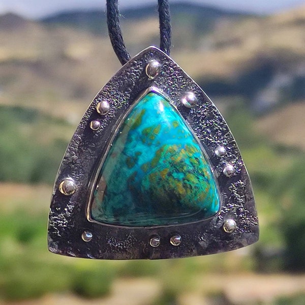 Vivid Natural Chrysocolla Silver Pendant Amulet "Shield of serenity". Shamanic necklace amulet witch gift unique handcrafted jewelry OOAK