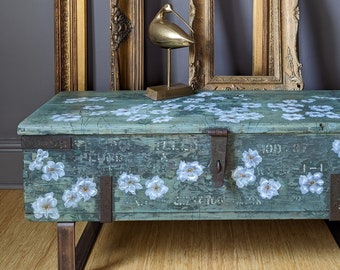 SOLD! Anemone Garden ~ Vintage Toolbox Coffee Table with Hand Painted Japanese Anemones and Bumblebee