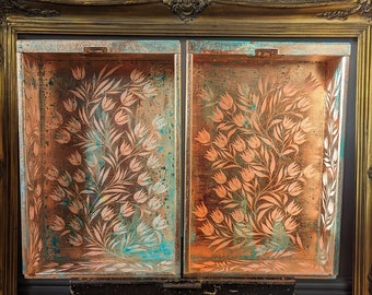 White Crocus ~ Rose Gold Copper Gilded Wall Shelf Boxes ~ Reimagined Vintage Drawers 2 Available