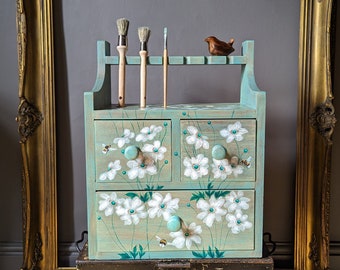 Antique / Vintage Hardwood Cabinet ~ Hand Painted Bees and White Anemones