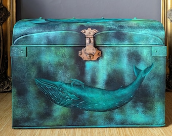 SOLD! - Commissions available Walter and Friends ~ Vintage/ Antique Steamer Trunk with Hand Painted Whales and Sea Turtles