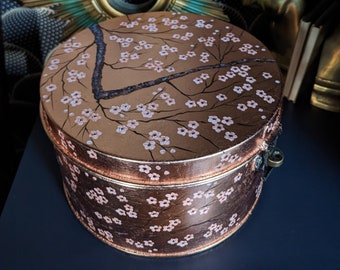 Chinoiserie Cherry Blossom Copper Gilded Antique Hat Box