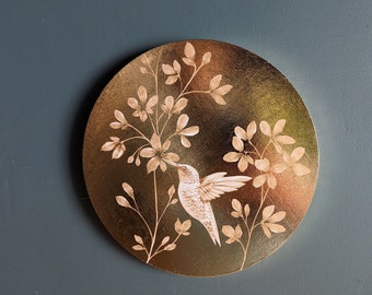 Hummingbird and Agapanthus Blossom on Champagne Gold Leaf